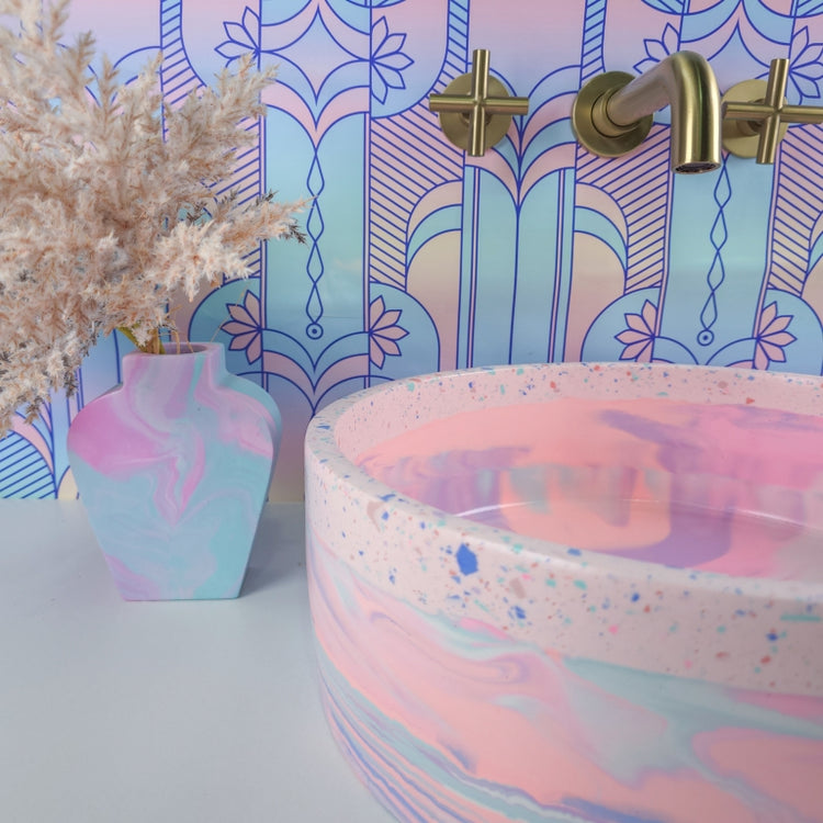 Pink Lilac Pastel Rainbow Terrazzo Coloured Bathroom Basin - Round