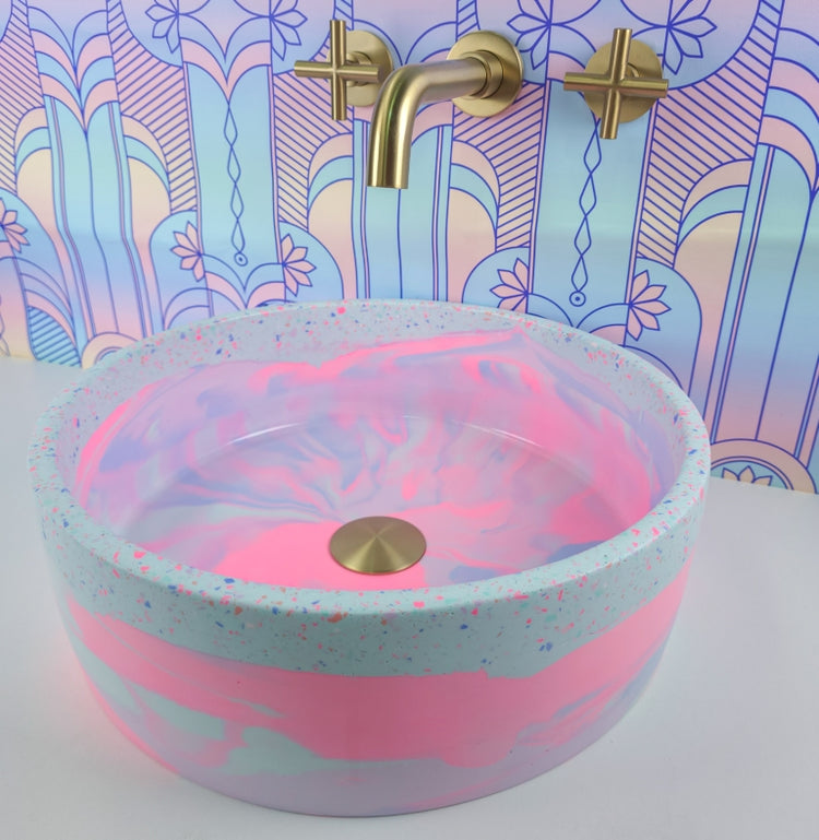 Aqua Neon Pink Pastel Rainbow Terrazzo Coloured Bathroom Basin - Round