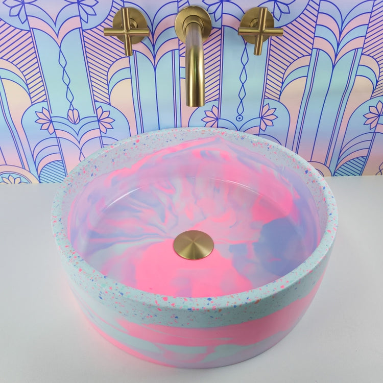 Aqua Neon Pink Pastel Rainbow Terrazzo Coloured Bathroom Basin - Round